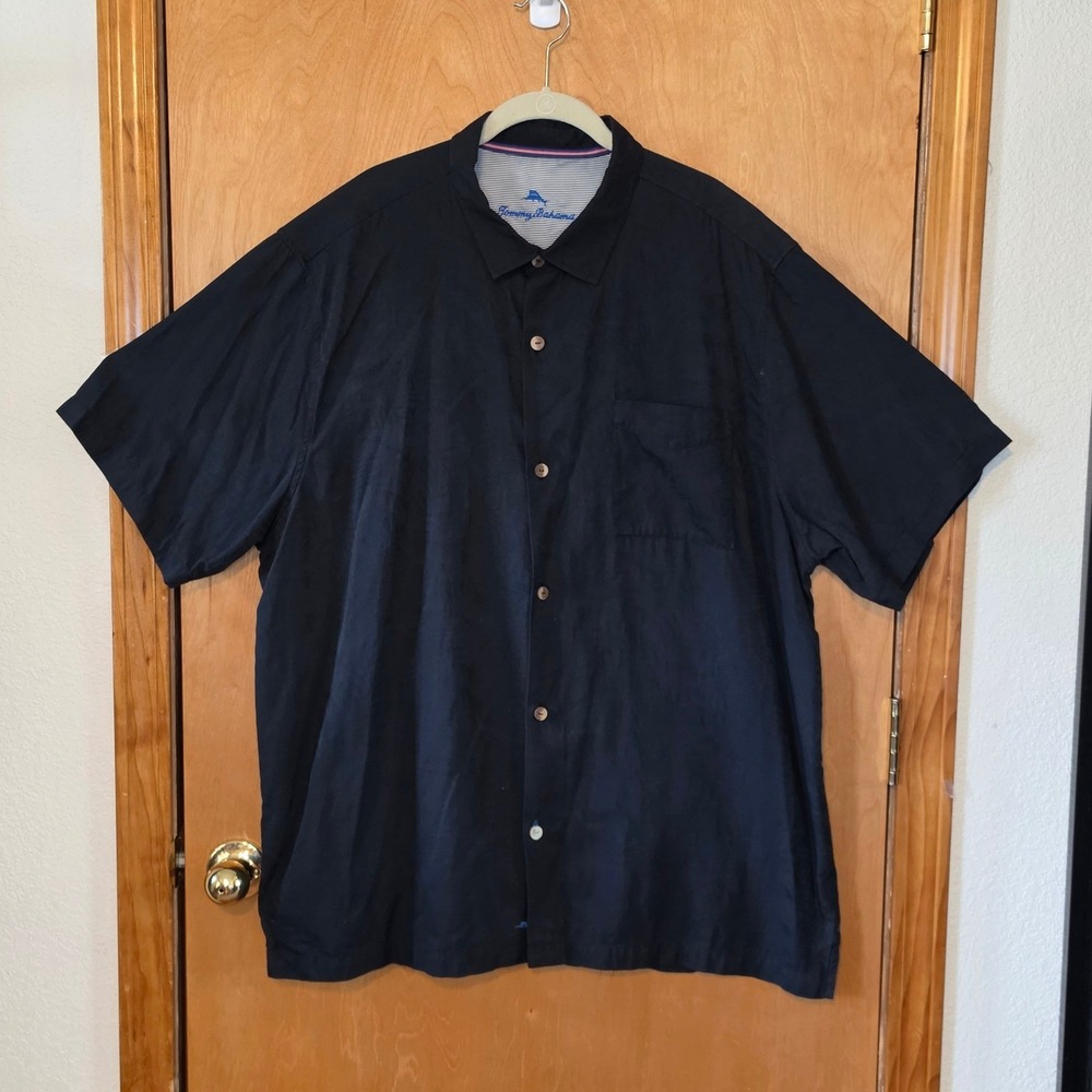 Tommy Bahama Men XXL Black Silk Blend Tropical Palm Jacquard Button Front Resort